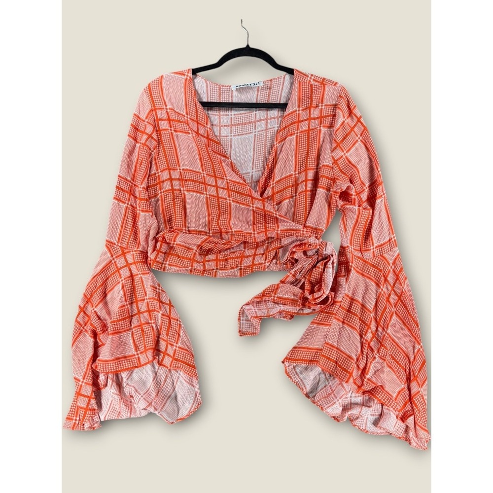 Audrey 3+1 Womens Orange Plaid Wrap Crop Top Bell Sleeve Blouse TH9213 Large